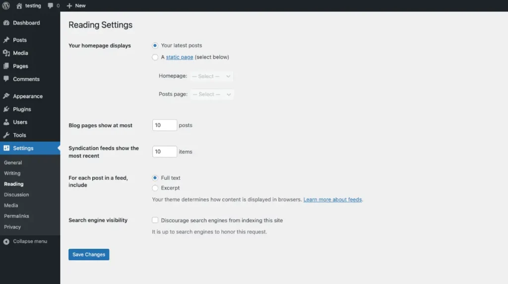 WordPress Reading Settings