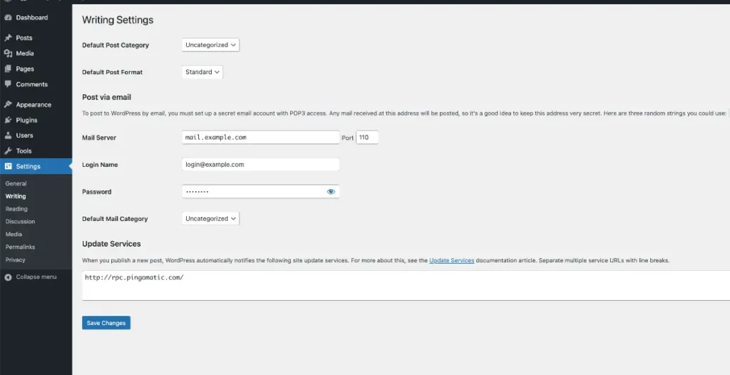 WordPress Writing Settings